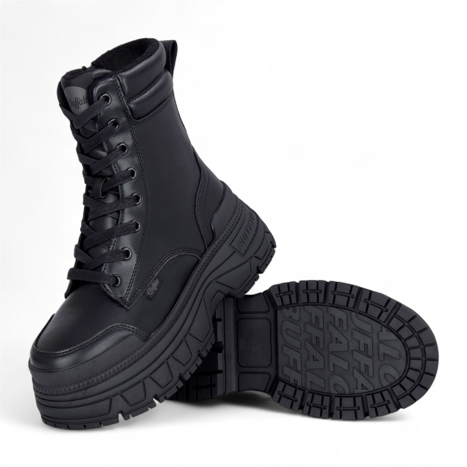 Buffalo Womens Black Chunky Platform Lace Up Mid High Combat Boots - Fusion
