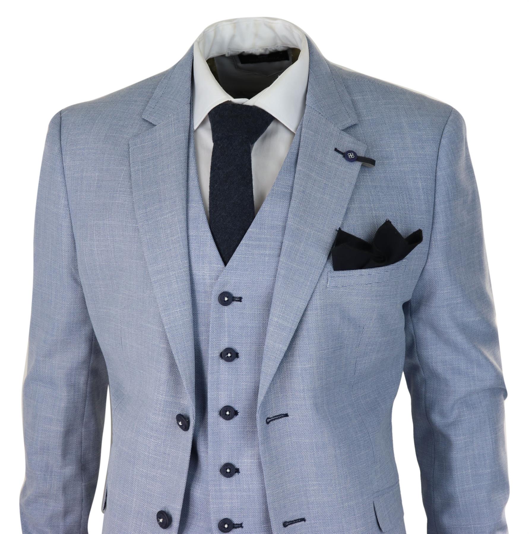 Mens 3 Piece Linen Suit Light Blue Summer Tailored Fit Wedding Prom Classic Suit