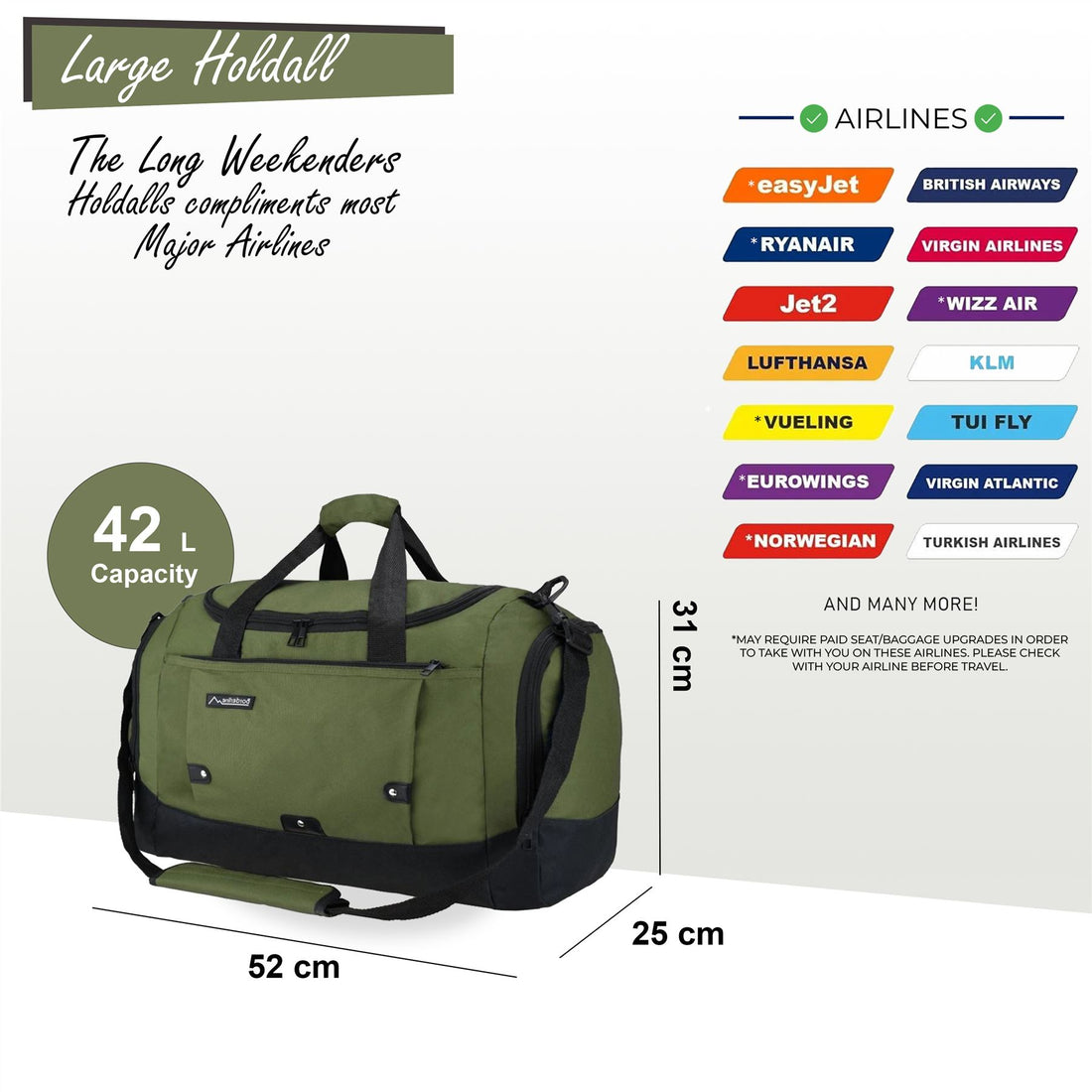 Large Duffel Weekend Holdall Carry-On Cabin Bag Gym Sports Travel Bag Green