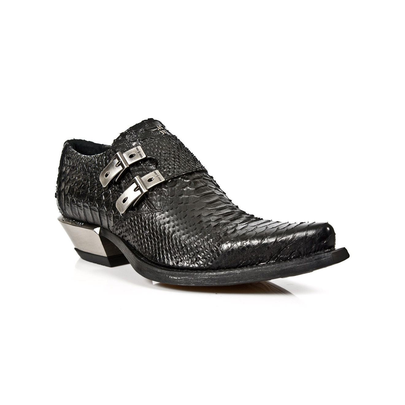 New Rock Embossed Python Black Leather Buckled Shoes-7934-S2