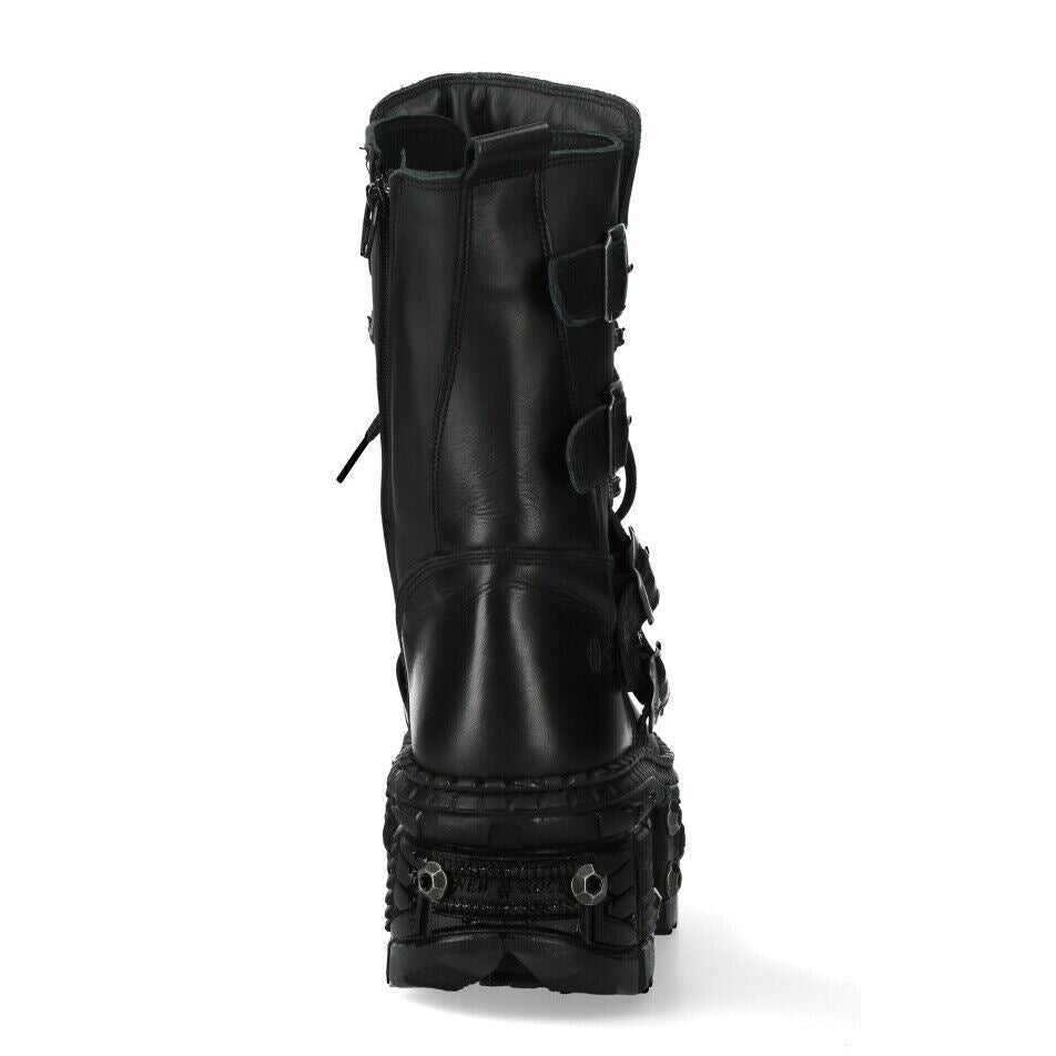 New Rock Leather Mid Calf Black Boots-WALL373-S11