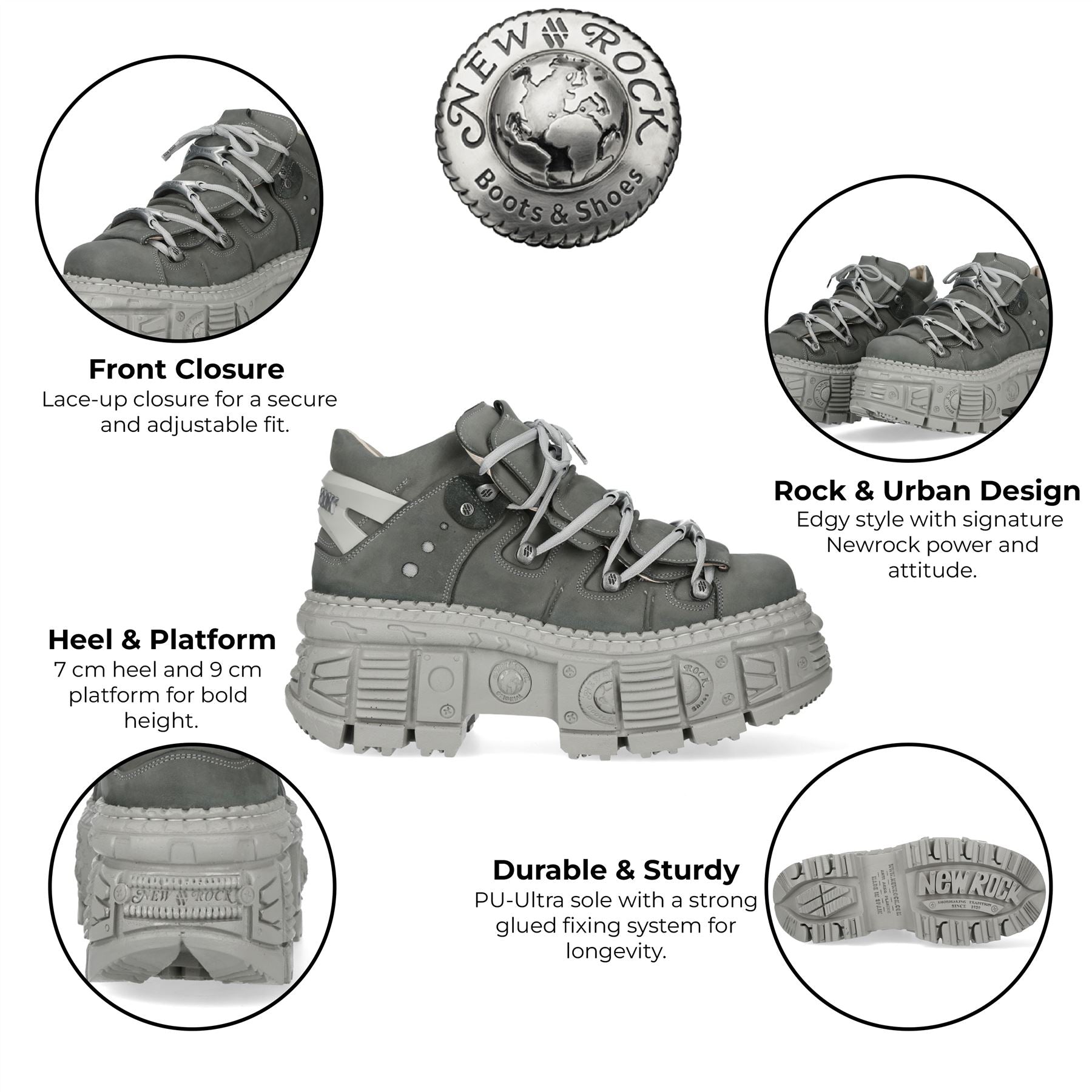 New Rock M-106WALL-C63 Grey Leather Urban Gothic Ankle Boots