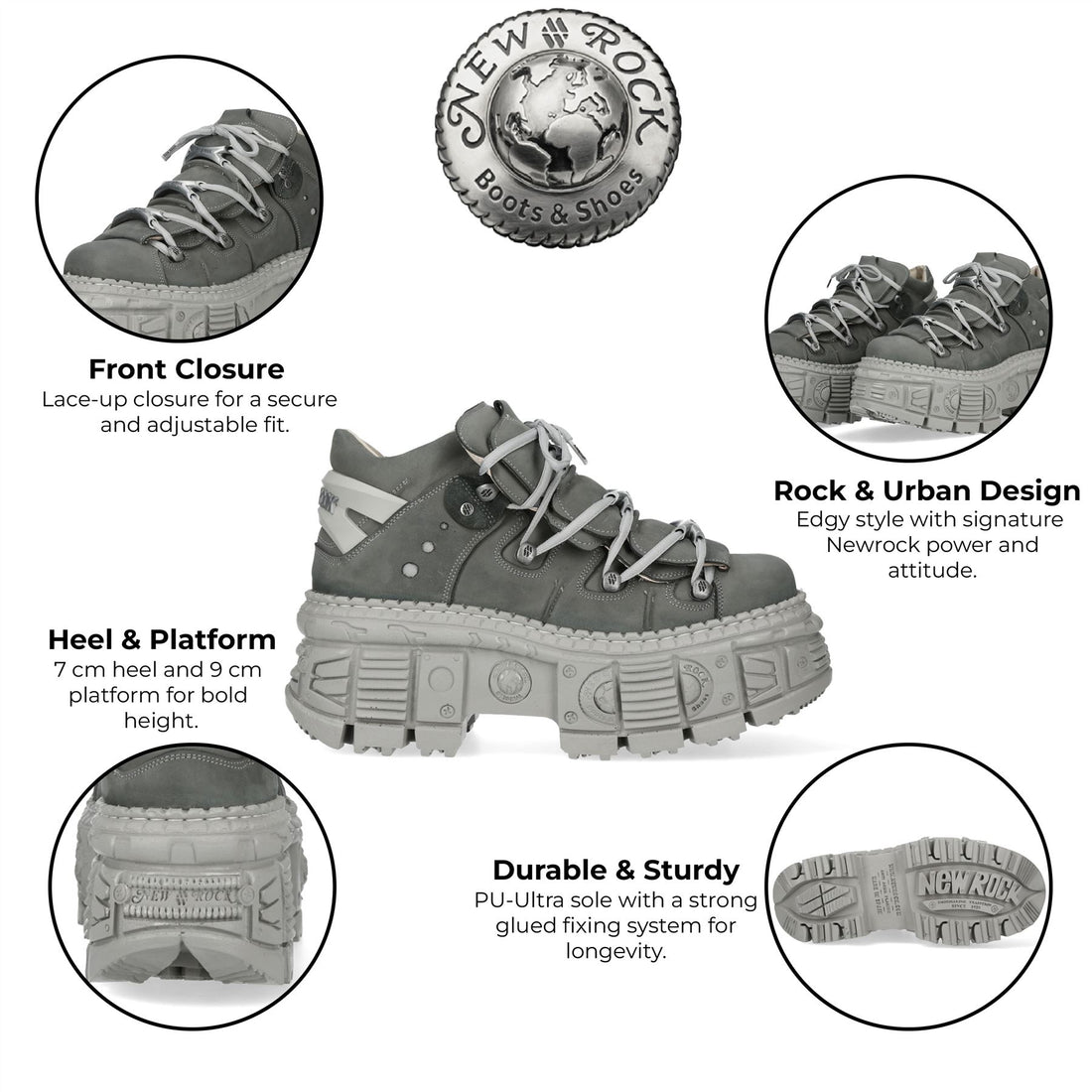 New Rock M-106WALL-C63 Grey Leather Urban Gothic Ankle Boots