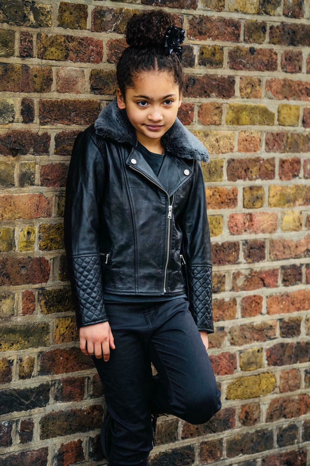Kids Girls 100% Leather Detachable Collar Biker Jackets (3-13 Years)