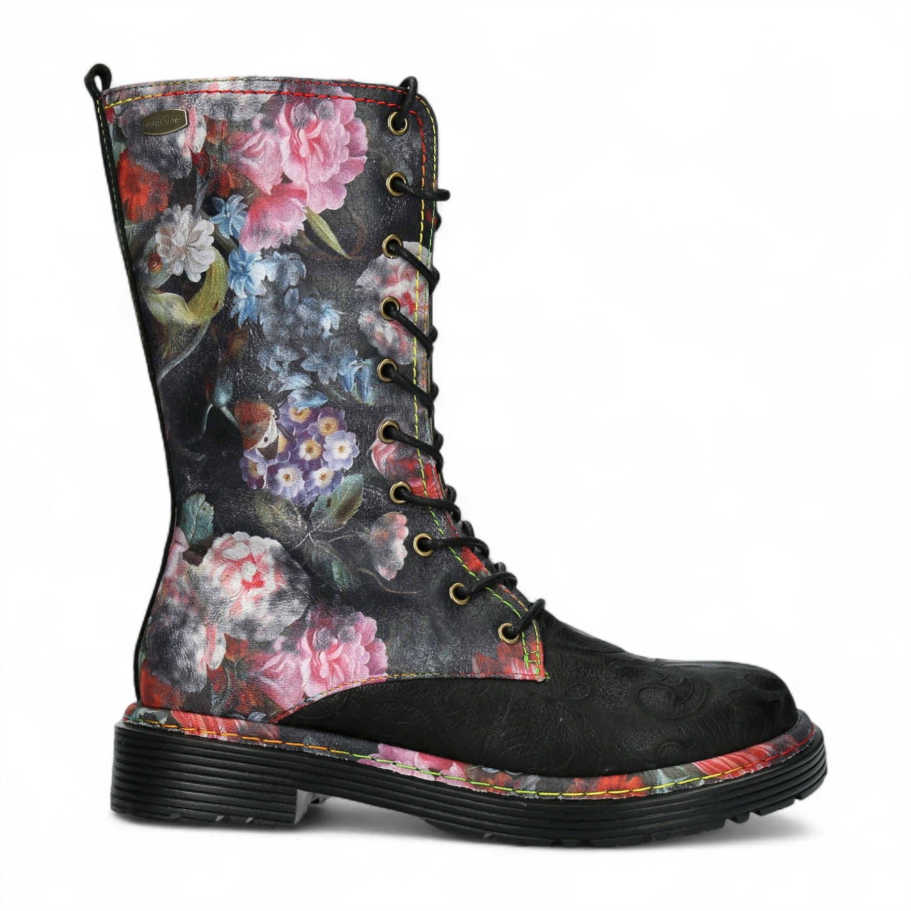 Laura Vita Incaso-18 Black Floral Womens Gothic Victorian Leather High Boots