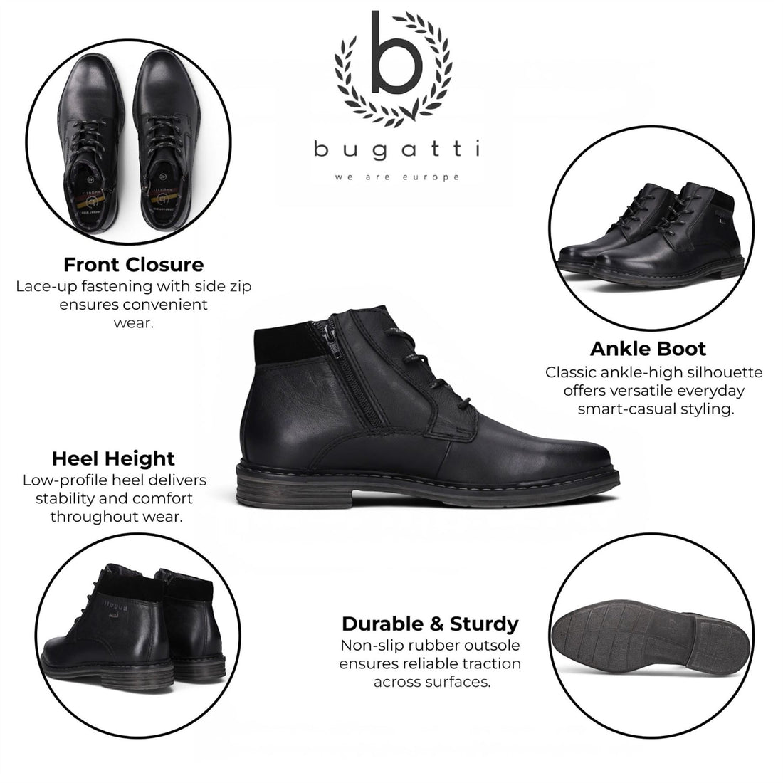 Bugatti Mens Black Leather Lace-up Chukka Ankle Boots - Rigalo Evo