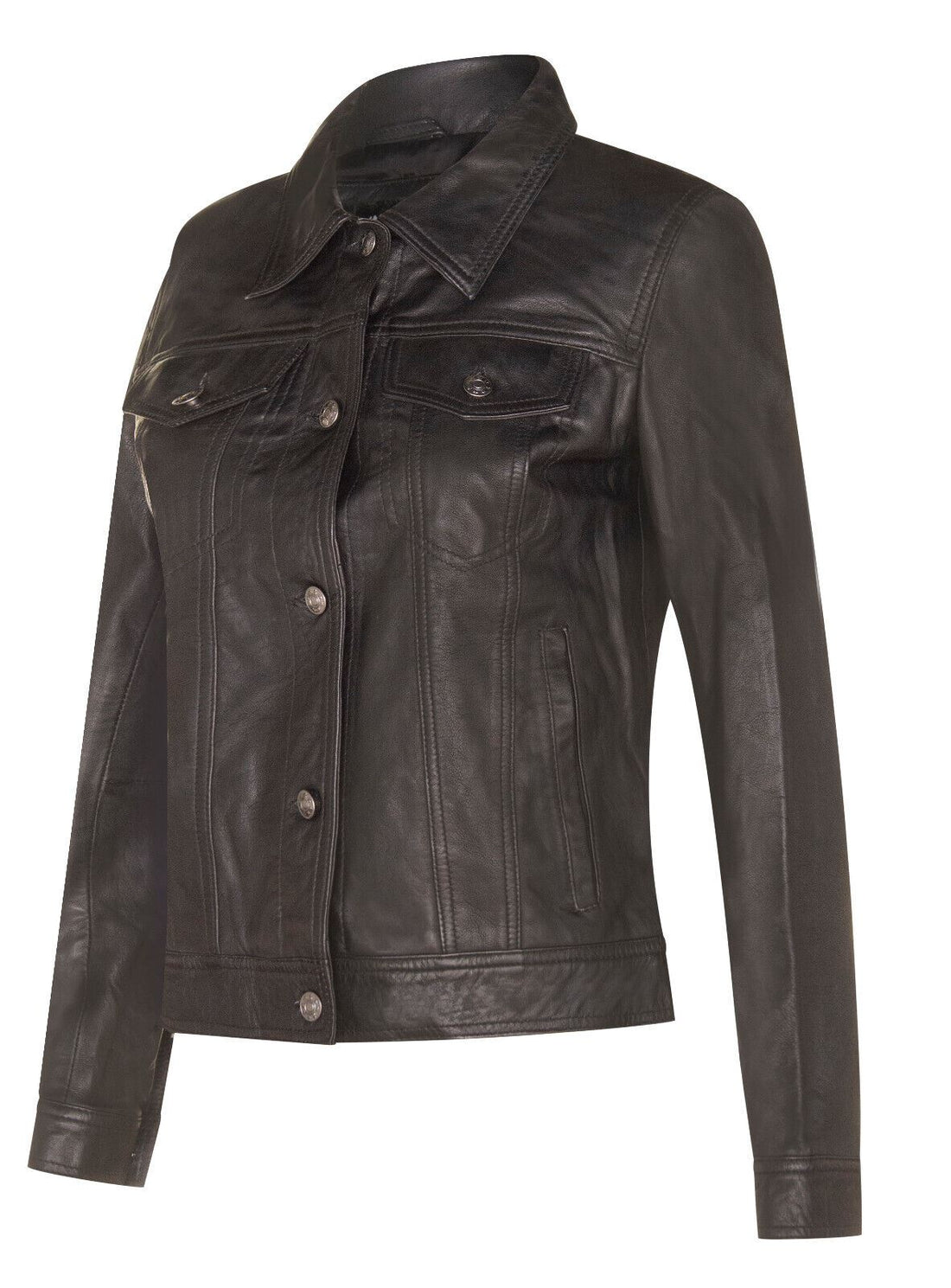 Womens Classic Leather Trucker Jeans Jacket-Nelson
