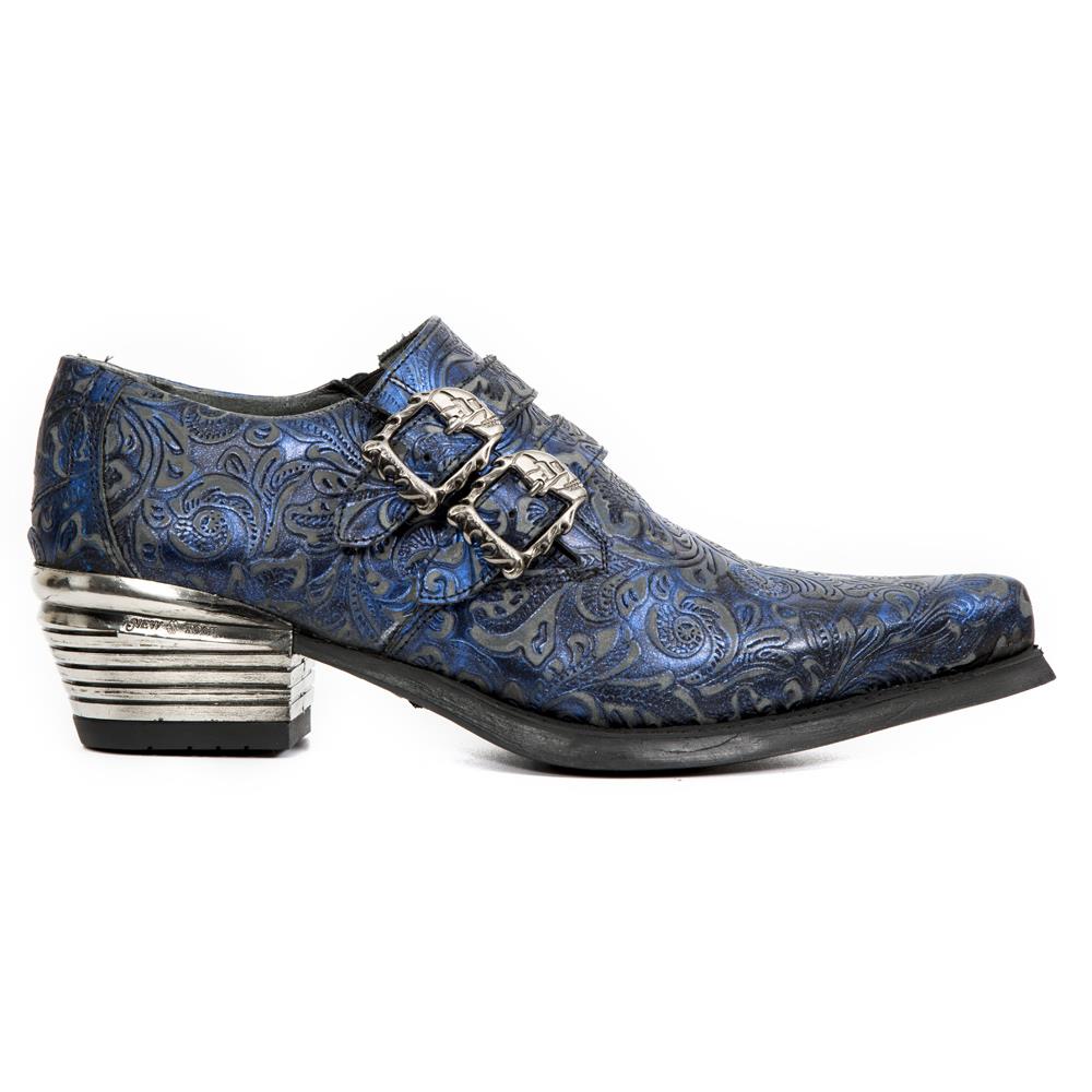 New Rock Vintage Blue Floral Leather Buckle Shoes-7960-S7