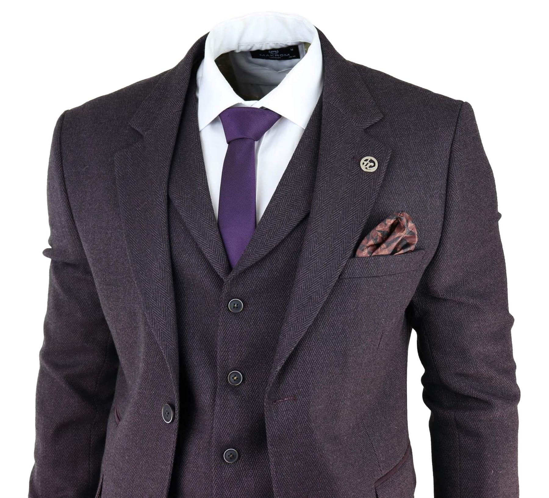 Mens Purple Plum 3 Piece Tweed Herringbone Suit Peaky Blinders Classic Tailored