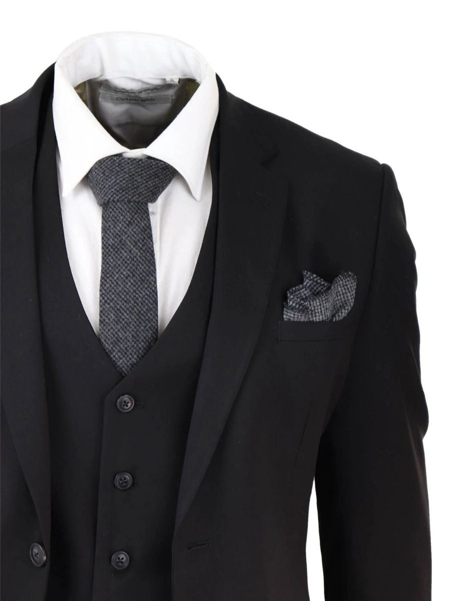 Mens 3 Piece Plain Black Classic Retro Tailored Suit