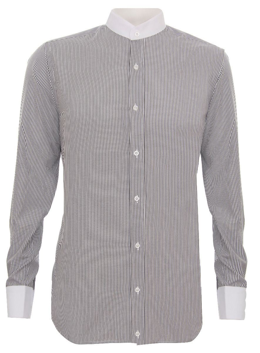 Mens Peaky Blinders Removable Collar Nehru Black Striped Collarless Shirt