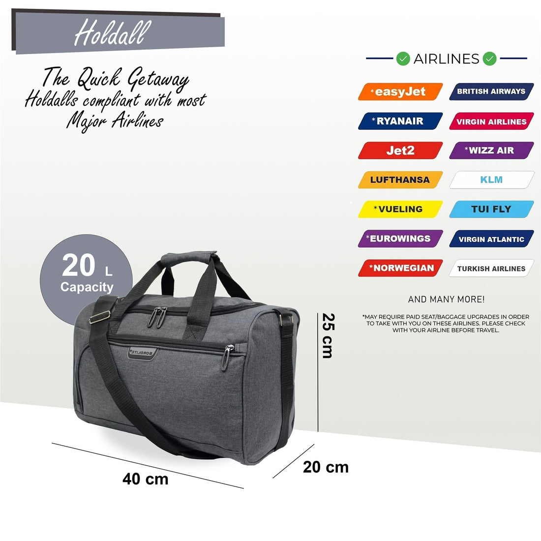 Holdall Carry On 40x 20 x25cm Under-seat Travel Cabin Bag for Ryanair, Easy Jet Grey