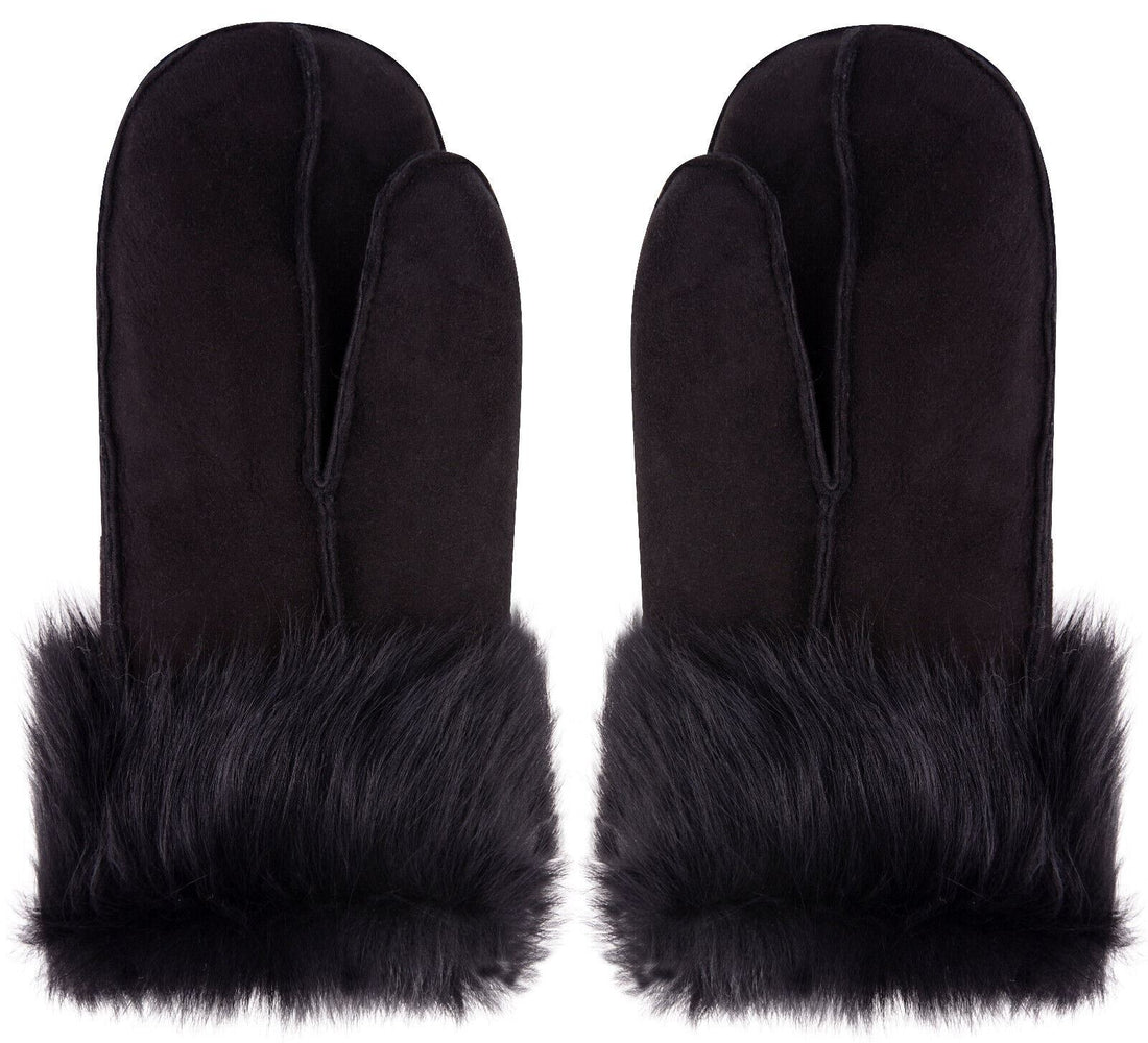 Handmade REAL LEATHER SHEEPSKIN MITTENS SHEARLING BLACK MITTS GLOVES THICK WARM - Upperclass Fashions 