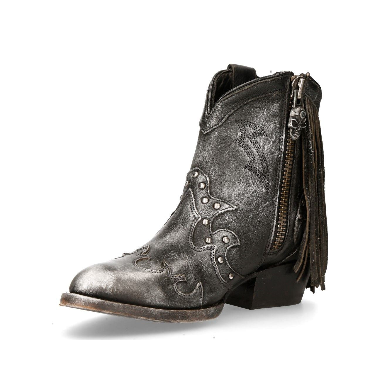 New Rock Grey Leather Fringed Pointed Cowboy Boots- WSTM003-S1