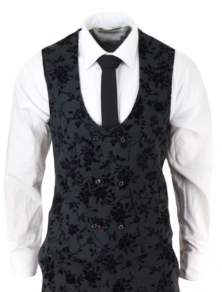 Mens 3 Piece Black Paisley Velvet Dinner Suit