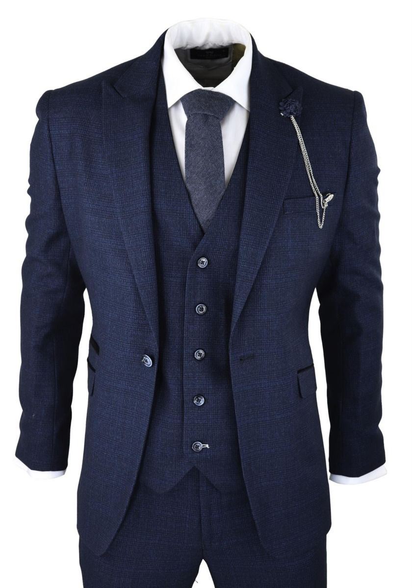 Mens 3 Piece Navy Blue Check Tweed Retro Classic Suit