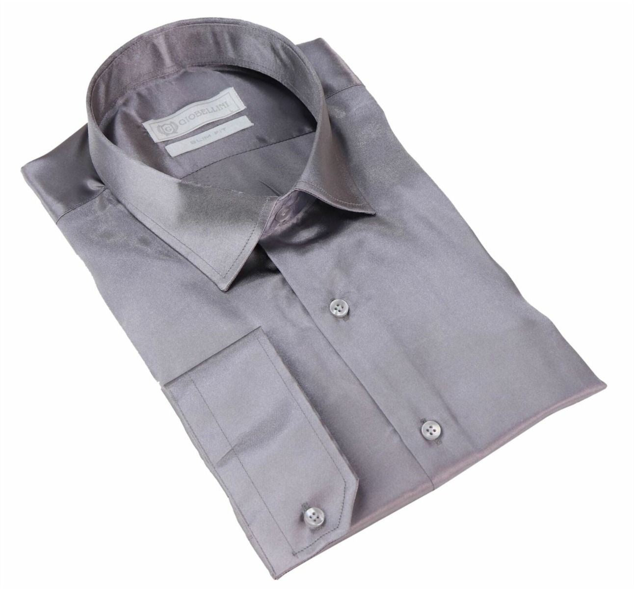Mens Silver Satin Silk Shirt Smart Casual Button Down Cuff Tailored Fit