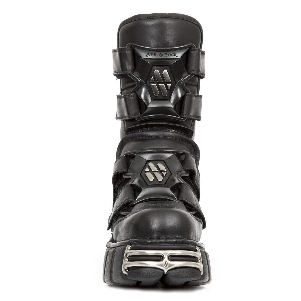 New Rock Punk Mid Calf Black Leather Boots-M-422-S1
