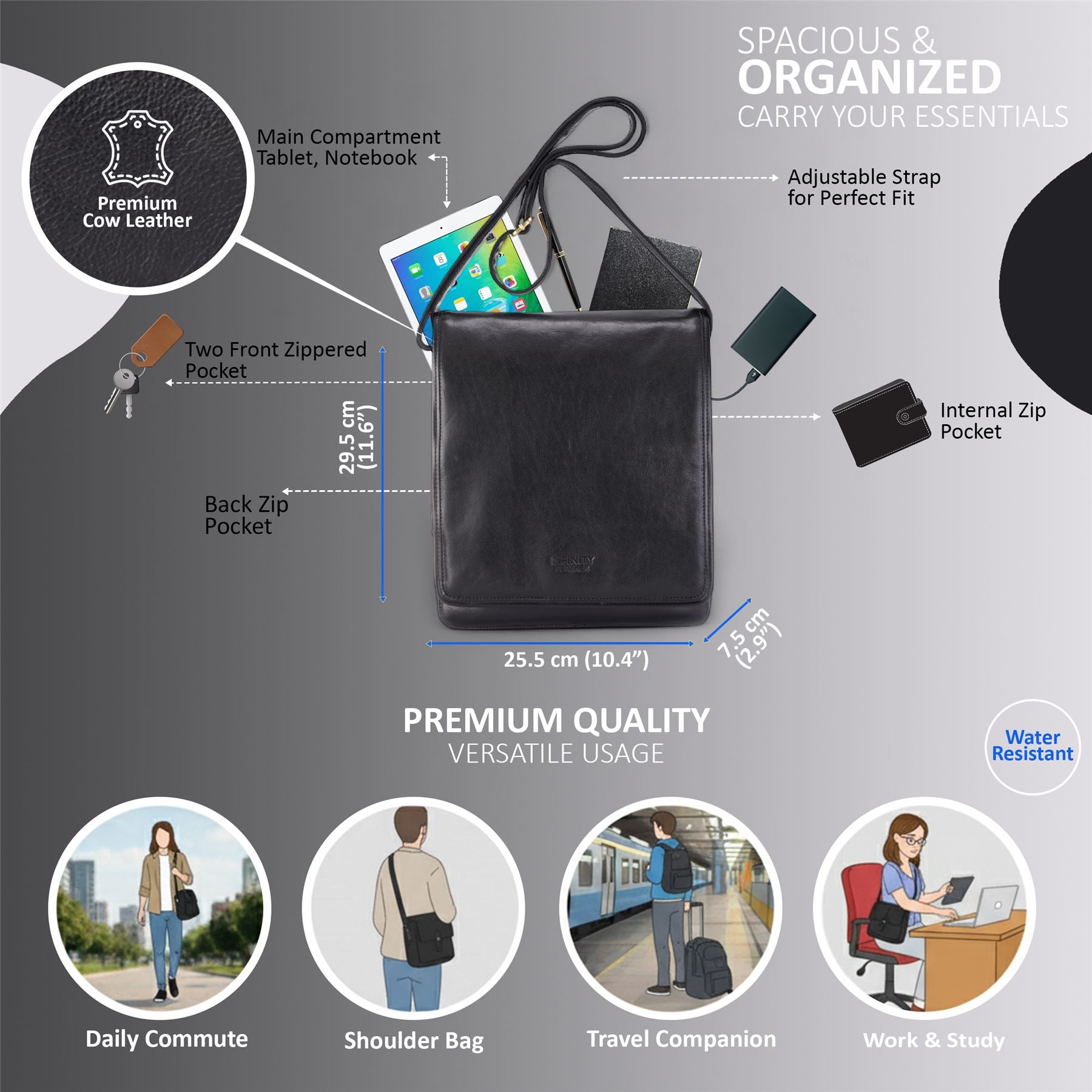 Leather Vintage Black Messenger Shoulder Crossbody Travel Business Bag - Ranger