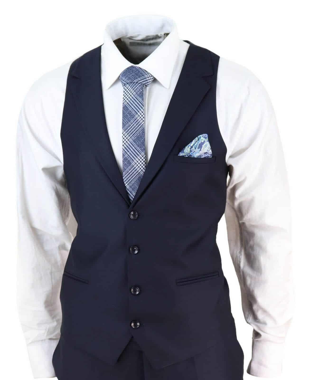 New Mens 3 Piece Suit Plain Navy Classic Tailored Fit Smart Casual 1920s Formal