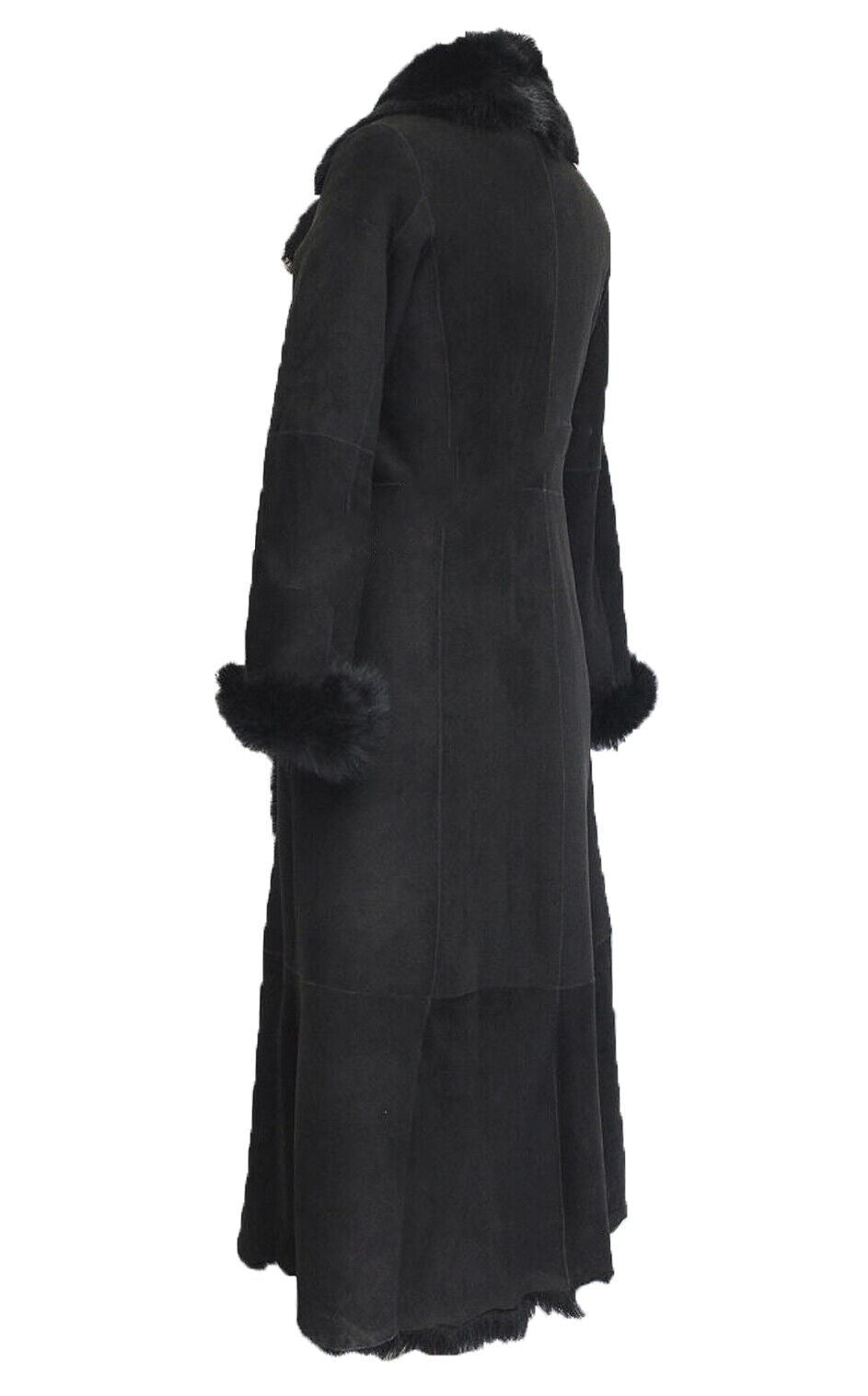 Womens Black Suede Toscana Sheepskin Hooded Trench Coat-Fribourg