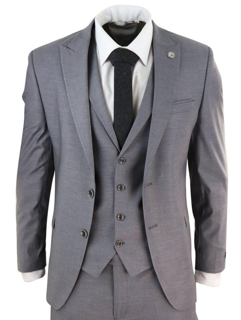 New Mens 3 Piece Suit Plain Grey Classic Tailored Fit Smart Casual 1920s Formal