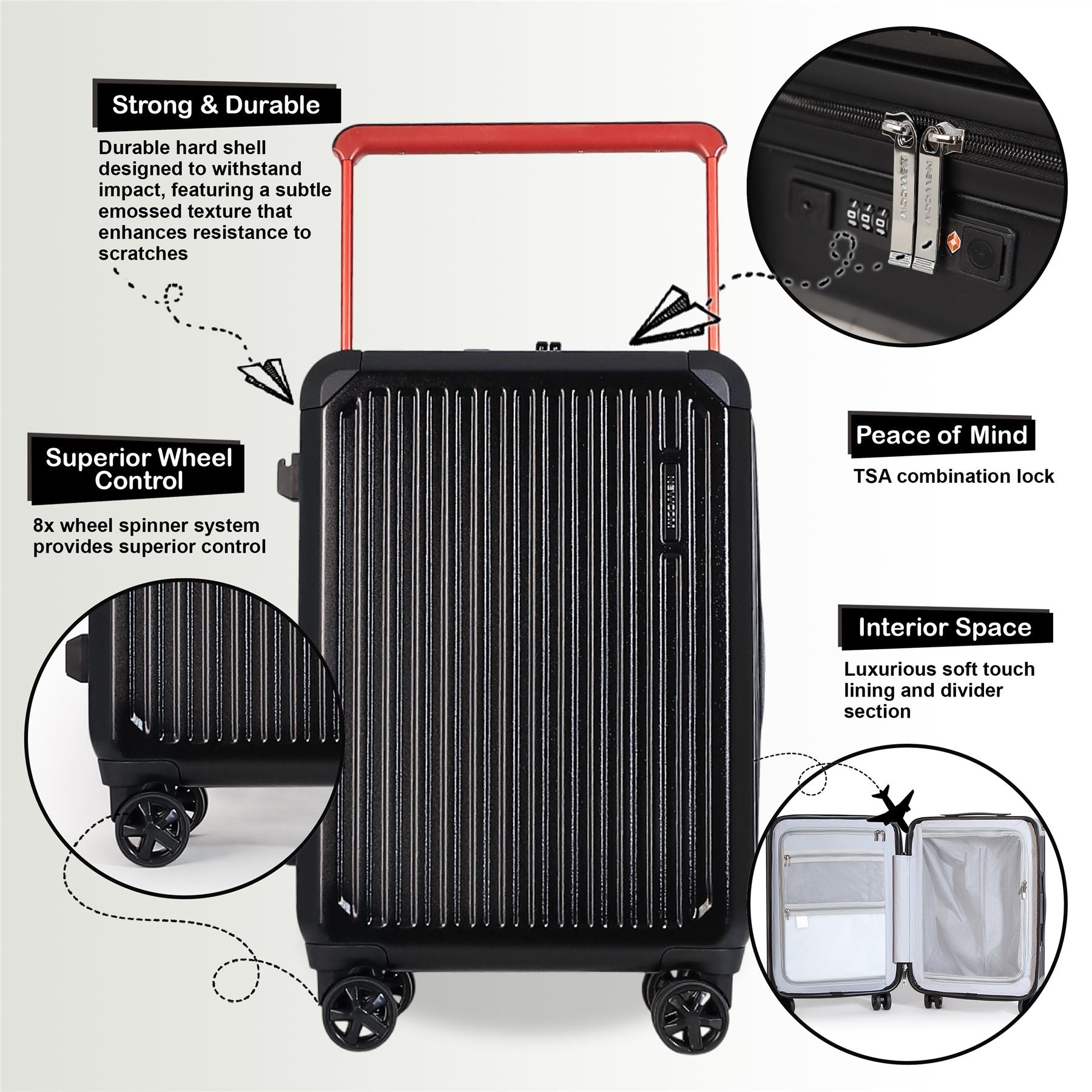 Hard Shell Black Rimowa Inspired TSA Cabin Luggage Suitcase Durable Spinner Carry-On