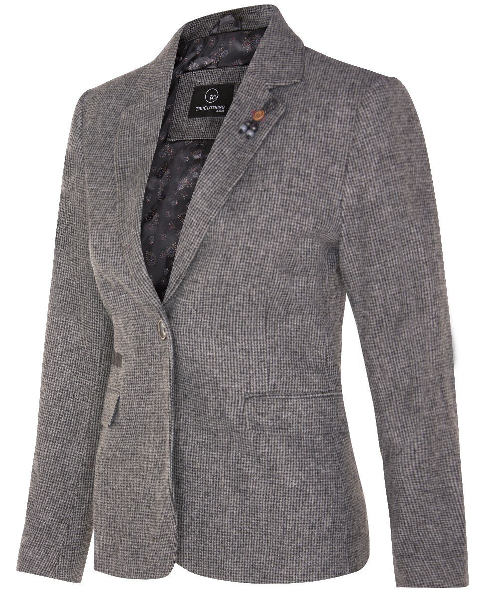 Womens Tweed 1920s Herringbone Grey Blazer - Upperclass Fashions 