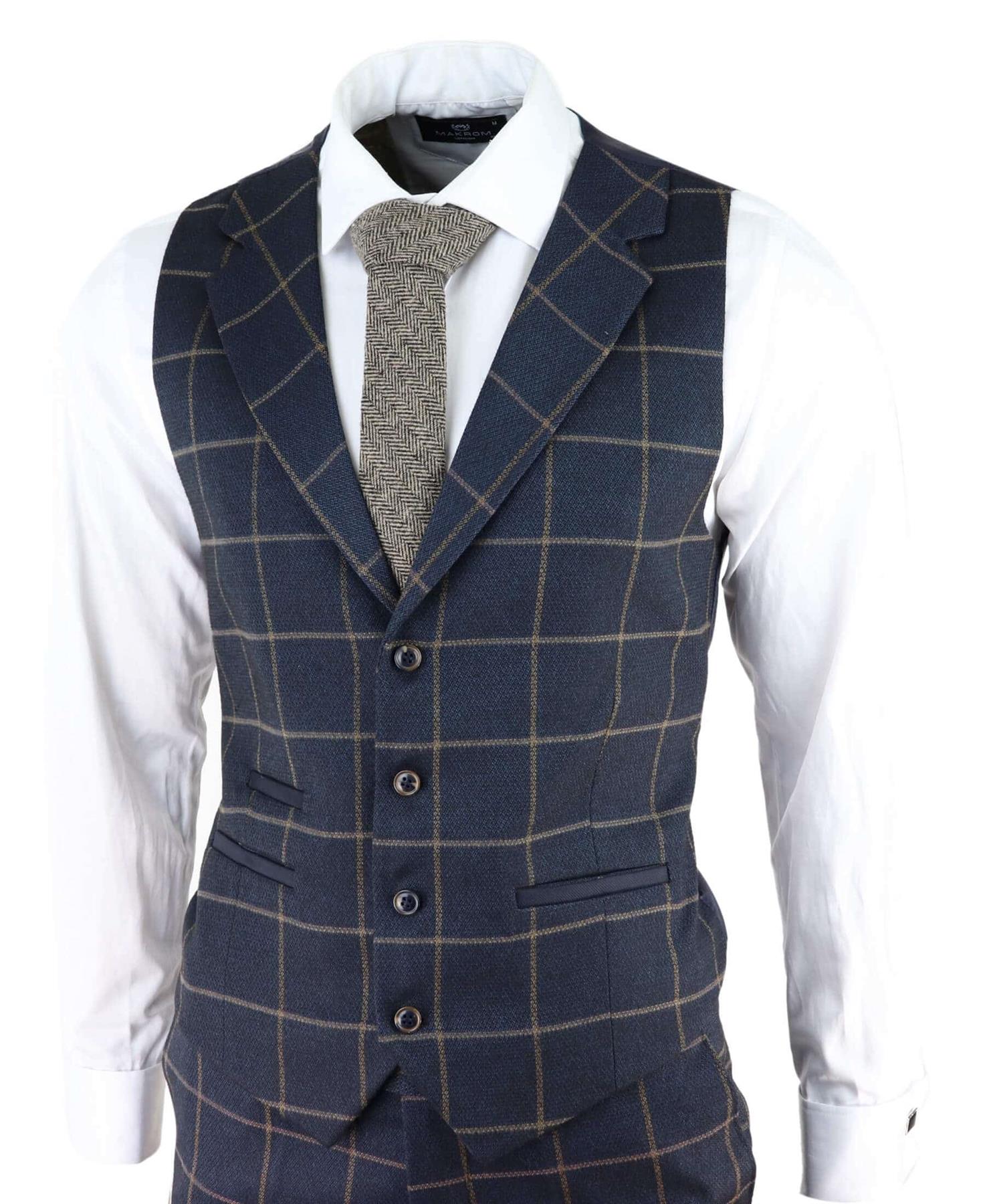 Mens Navy Blue Check 3 Piece Tweed Suit Peaky Blinders 1920s Gatsby Tailored Fit