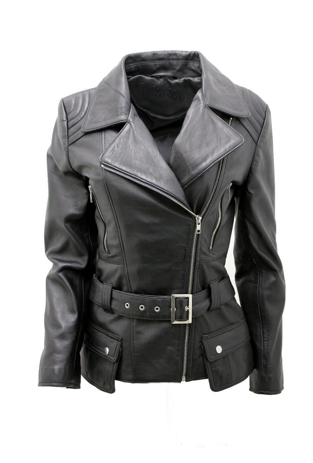 Womens Mid-length Leather Biker Jacket-Middlewich
