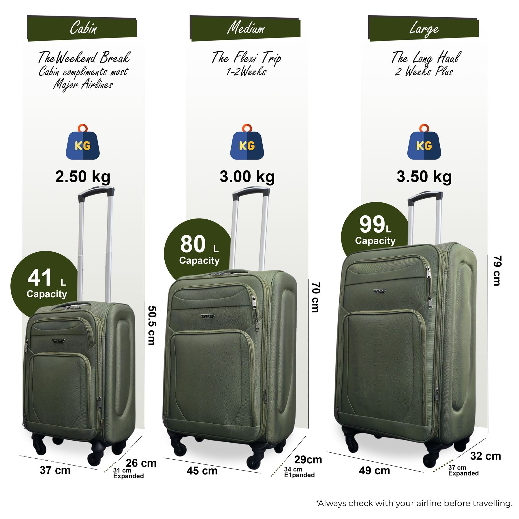 Nagoya Set of 3 Soft Shell Suitcase in Khaki