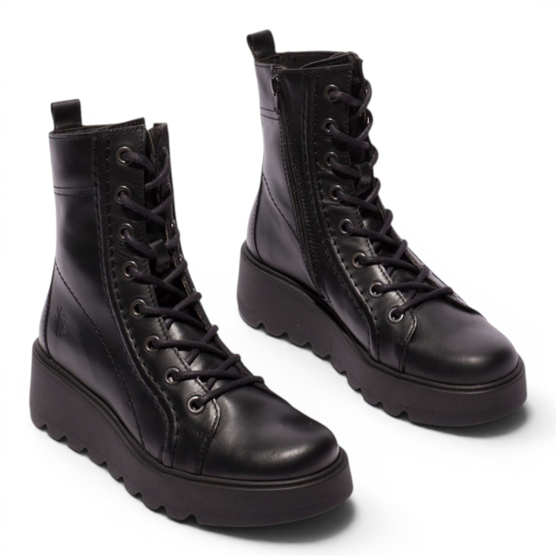 Fly London Womens Black Leather Lace-Up Wedge Heel Combat Boots - TERY554