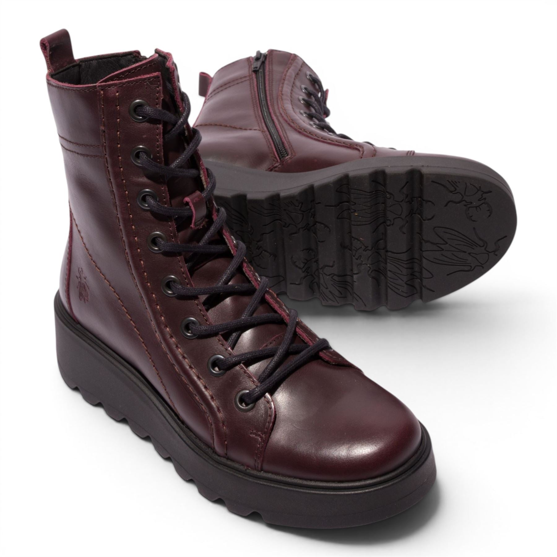 Fly London Womens Wine Leather Lace-Up Wedge Heel Combat Boots - TERY554