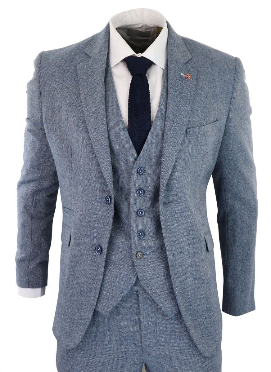 Mens 3 Piece Light Blue Tweed Tailored Fit Retro Classic Suit