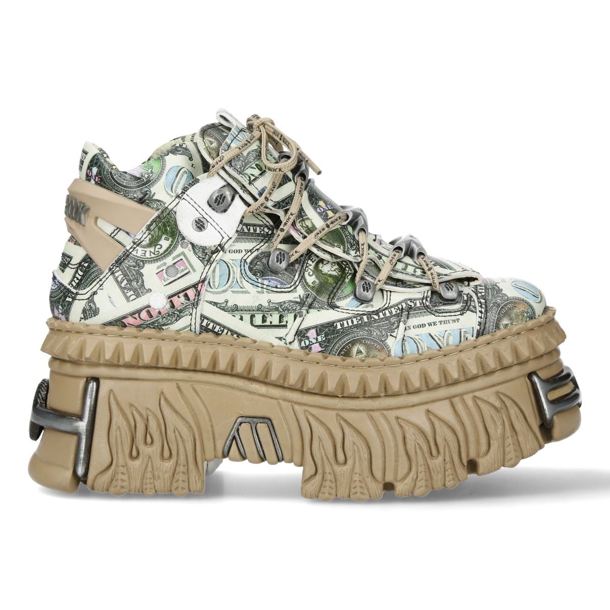 New Rock M-106WALL-C49 Dollar Bill Print Leather Platform Ankle Boots