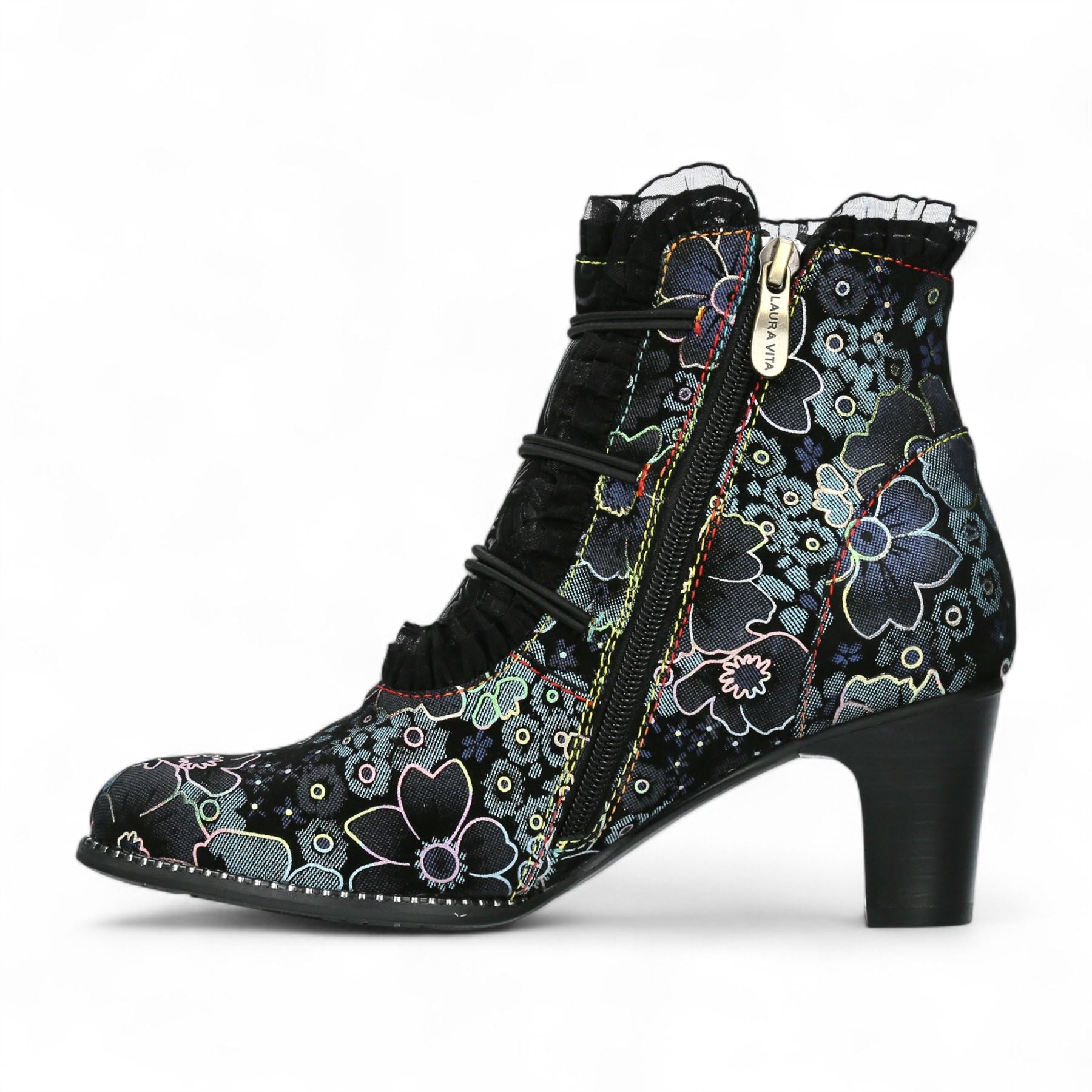 Laura Vita Elcodieo 224 Blue Floral Womens Gothic Victorian Leather Ankle Heeled Boots