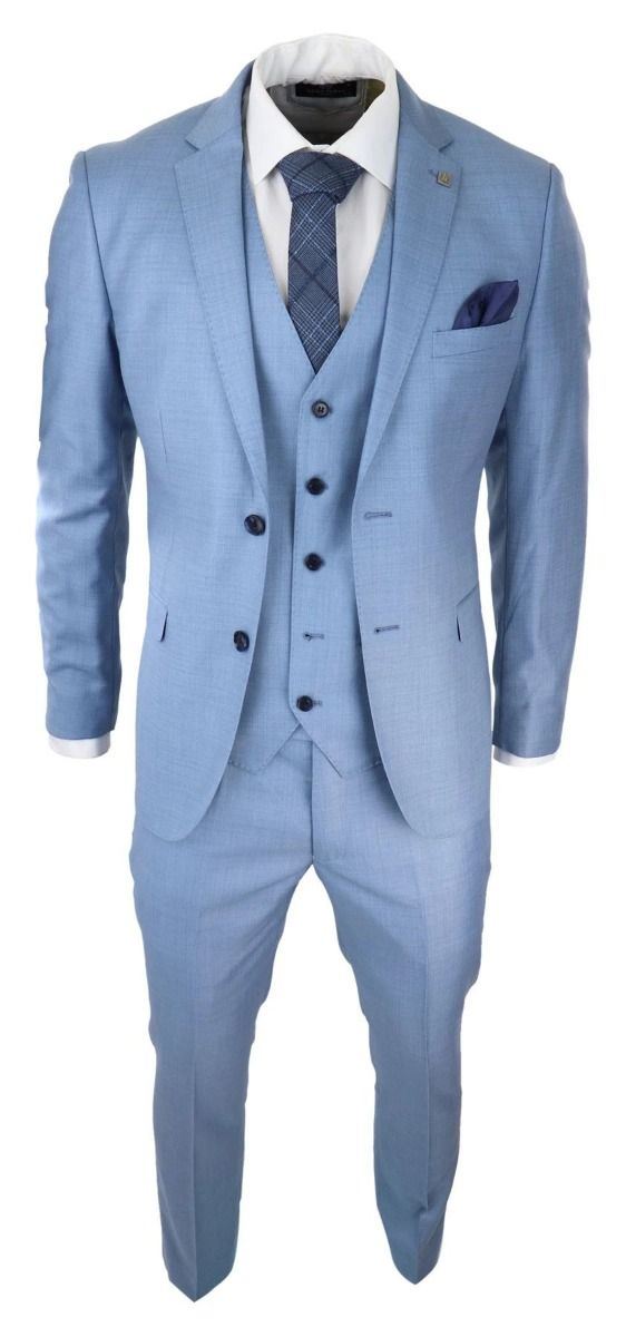Mens 3 Piece Light Blue Classic Stitch Retro Suit