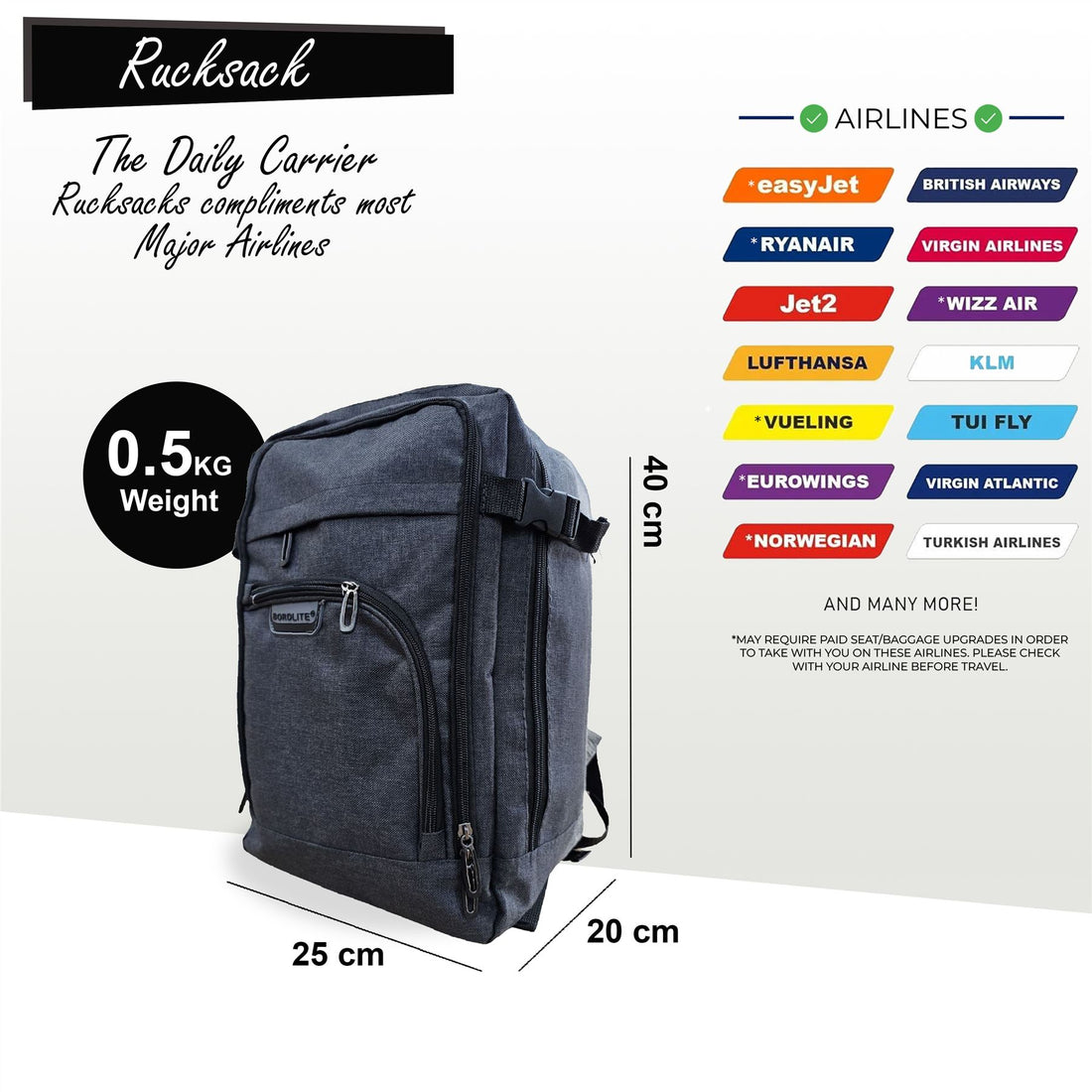 Backpack Rucksack 40x20 x25 cm Underseat Travel Cabin Bag for Easy Jet, Ryanair Black