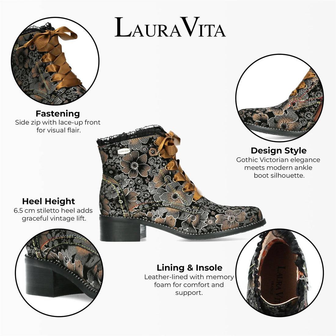 Laura Vita Emcmao-45 Brown Floral Womens Gothic Victorian Leather Ankle Heeled Boots