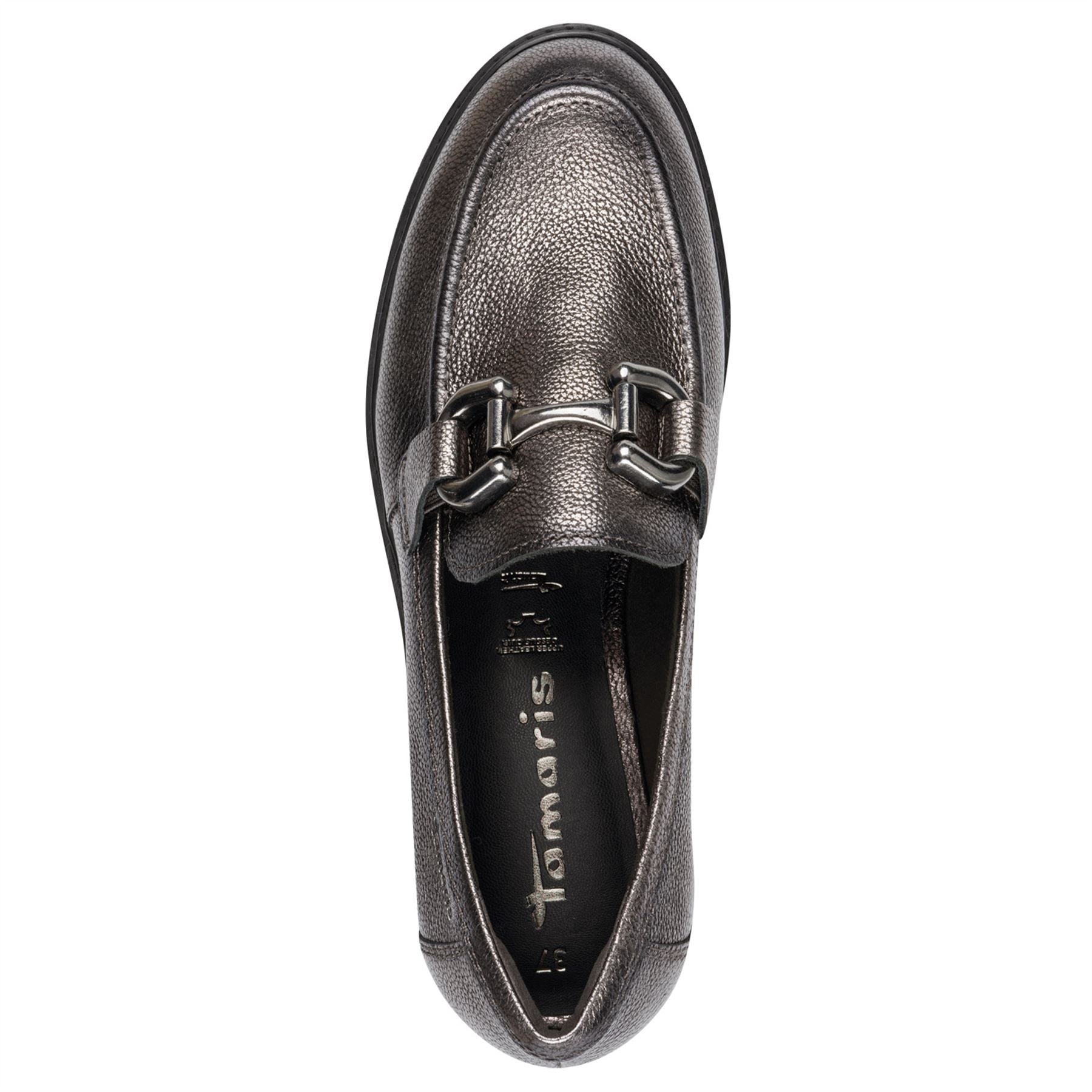 Tamaris Womens Pewter Silver Leather Loafers Slip-On Platform Shoes
