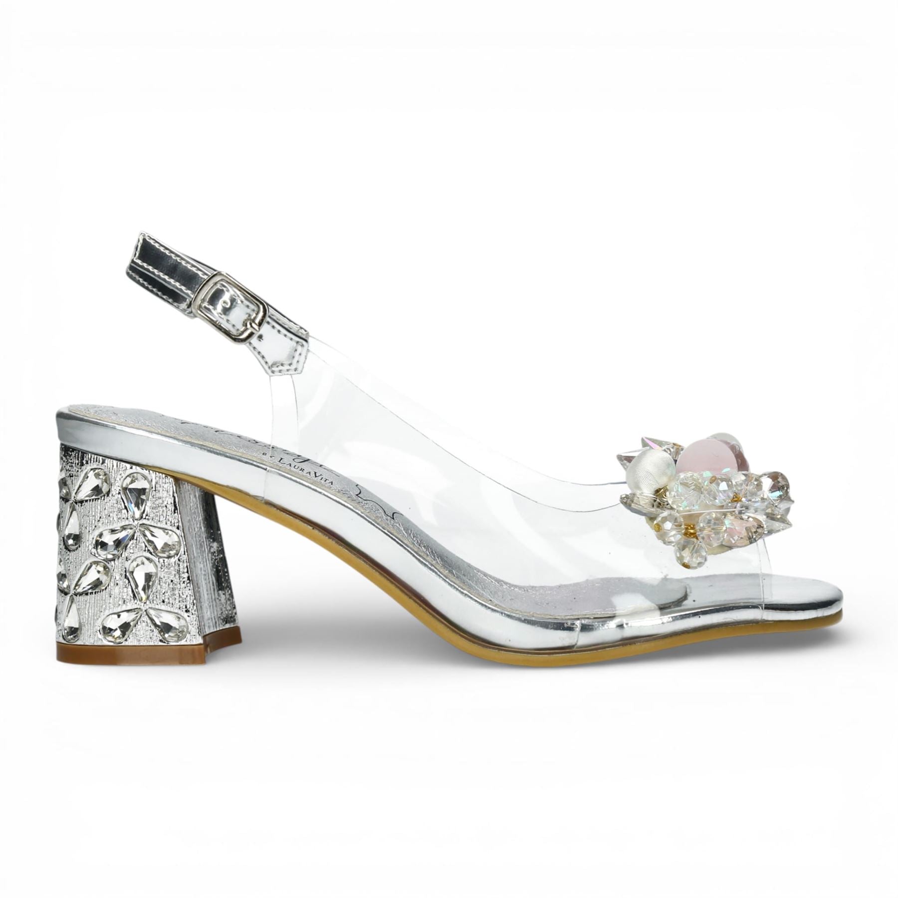 Laura Vita Women’s Clear Silver Slip-On Cinderella Block Heel Sandals - Marlene 12