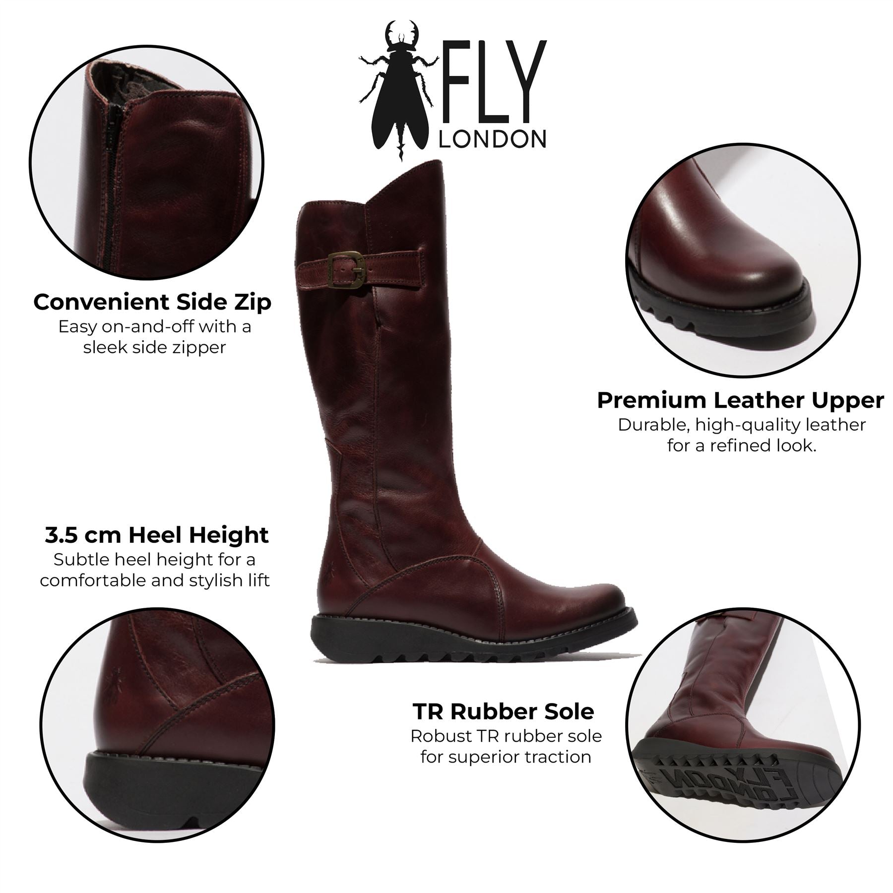 Fly London Womens Wine Burgundy MOL 2 Leather Wedge Heel Knee High Zip Up Boots