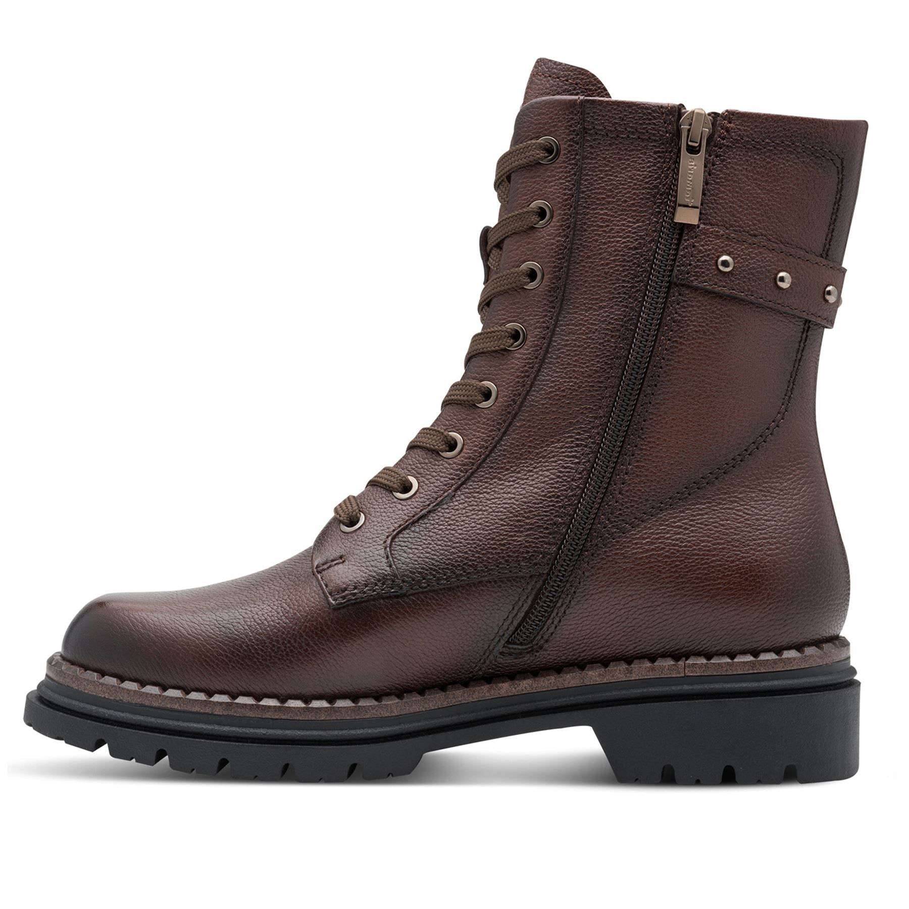 Tamaris Womens Fashion Brown Leather Lace-Up Zip Combat Ankle Boots