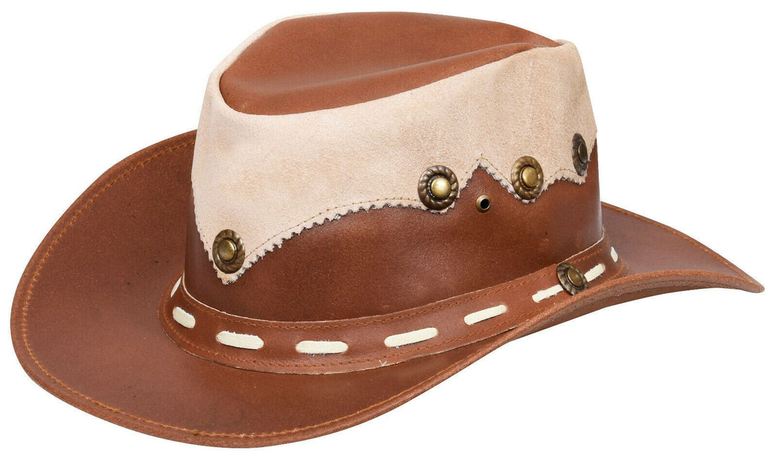 Australian Western Style Cowboy Outback Real Leather And Suede Aussie Bush Hat - Upperclass Fashions 