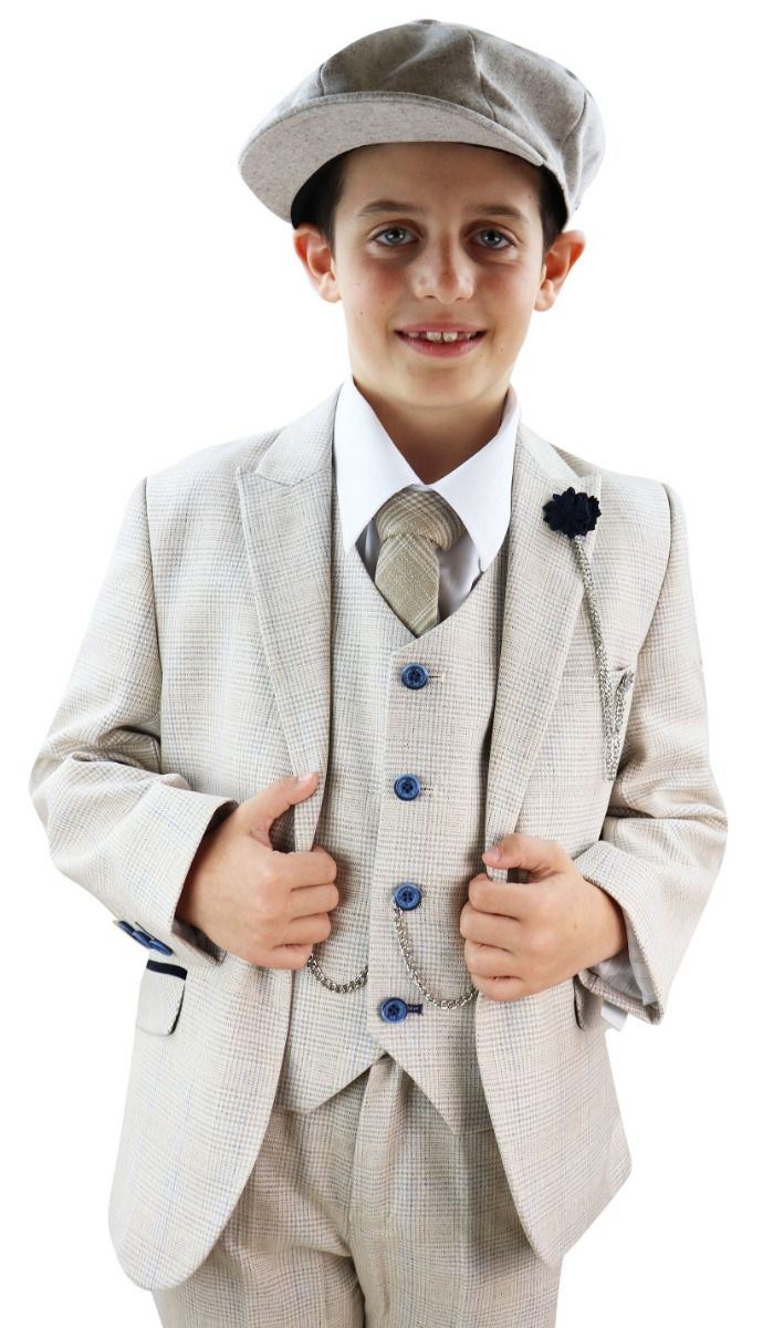 Boys 3 Piece Cream Herringbone Tweed Check Classic Suit