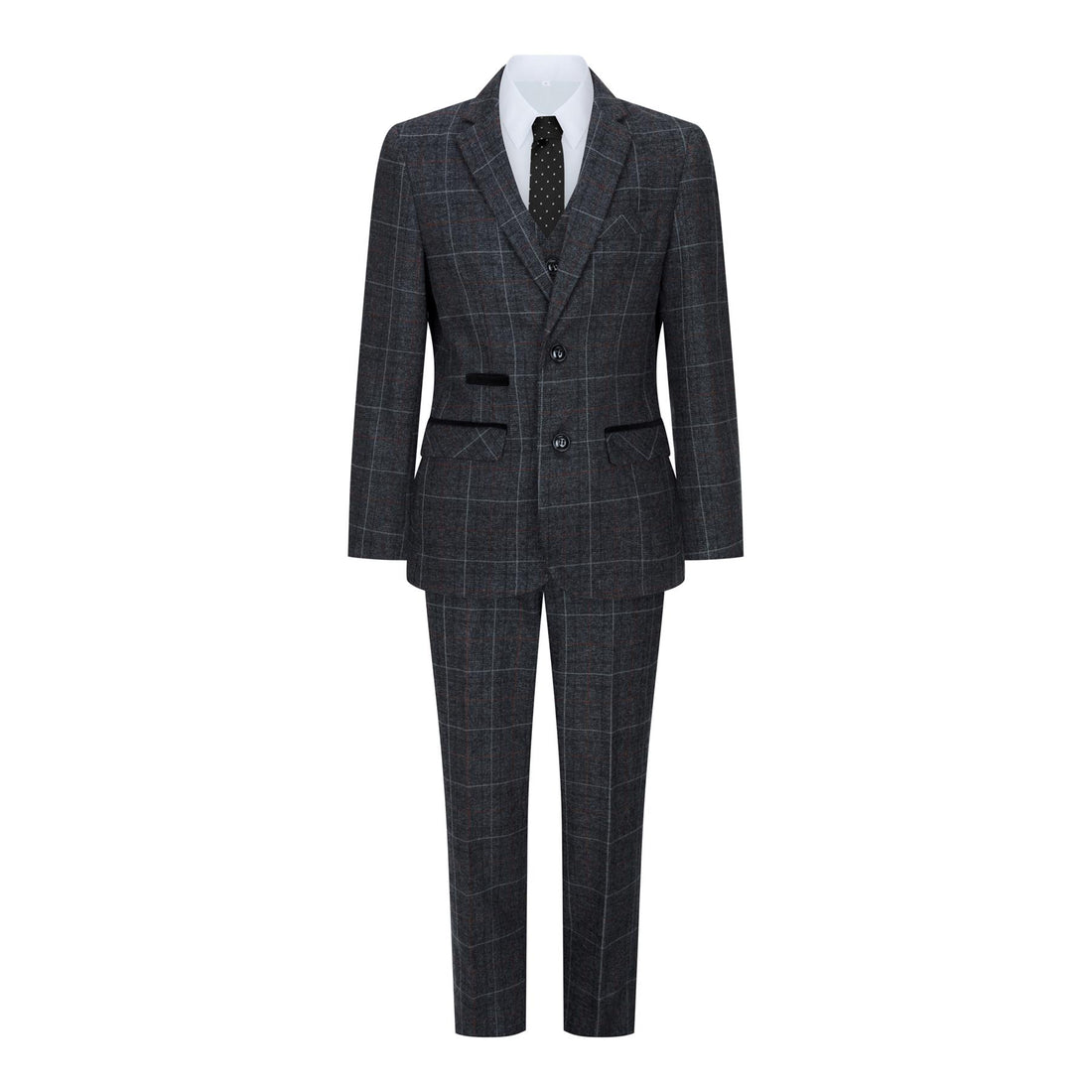 Boys 3 Piece Charcoal Grey Tweed Check Vintage Retro Suit - Upperclass Fashions 