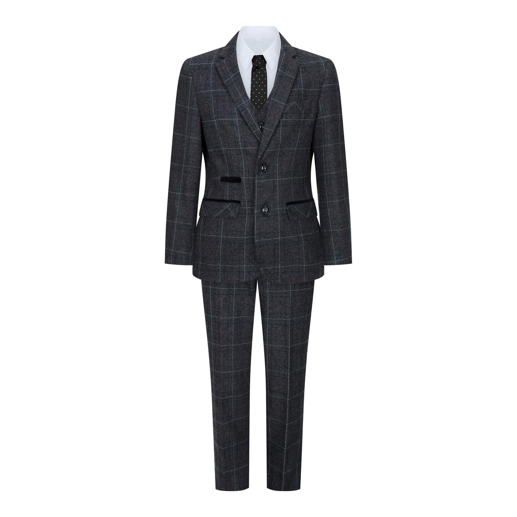 Boys 3 Piece Charcoal Grey Tweed Check Vintage Retro Suit
