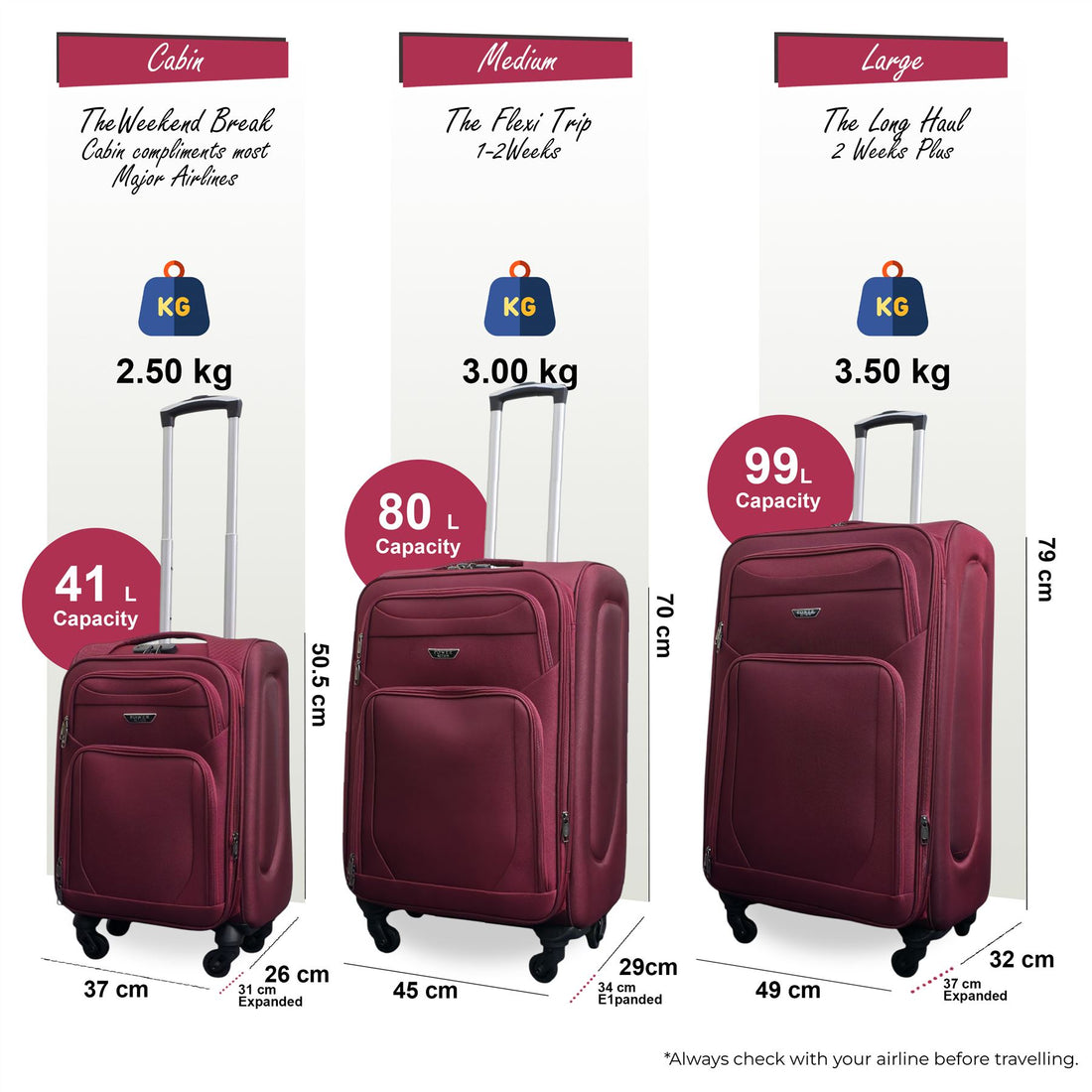 Nagoya Set of 3 Soft Shell Suitcase in Wine