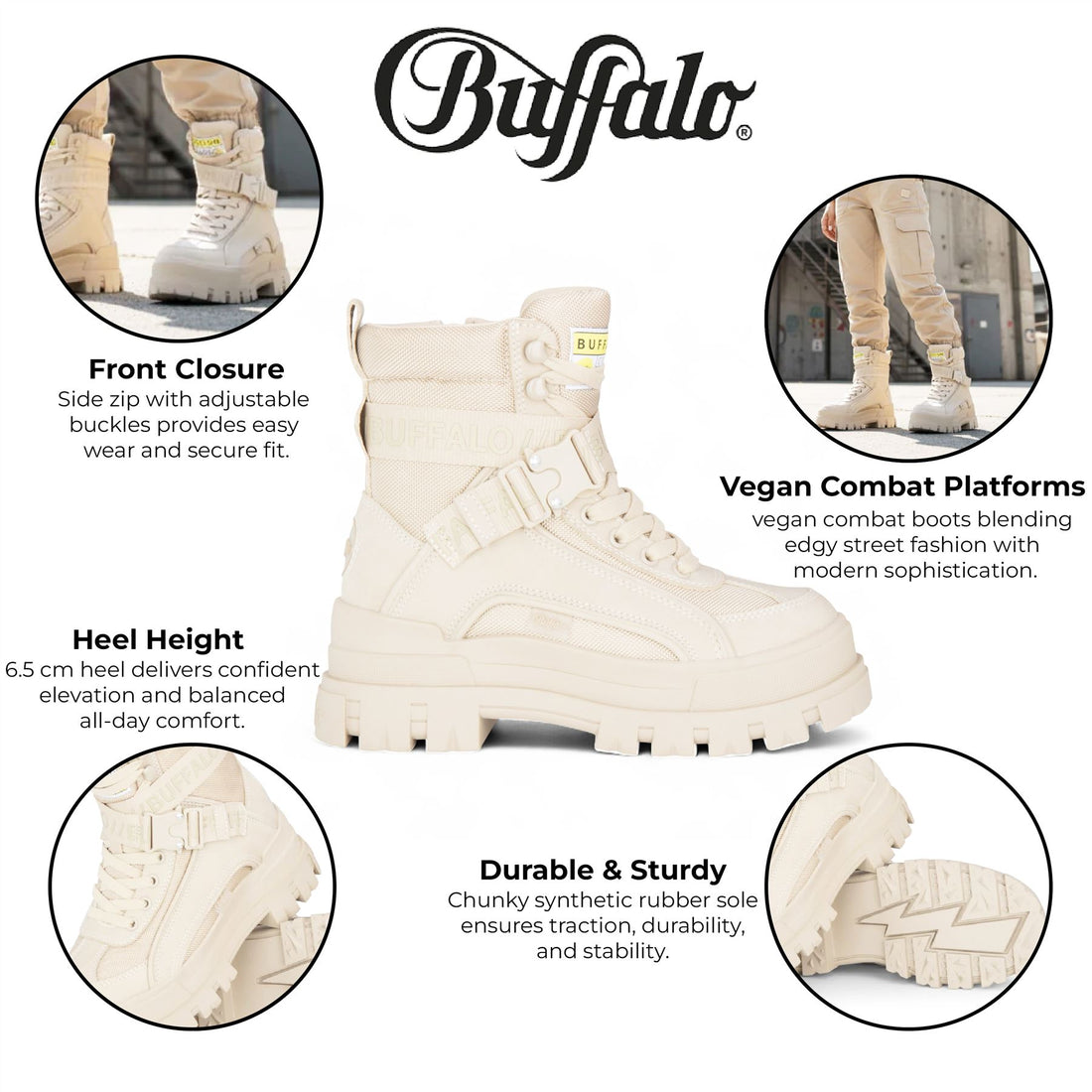 Buffalo Womens Beige Chunky Platform High Ankle Combat Boots - ASPHA-COM1