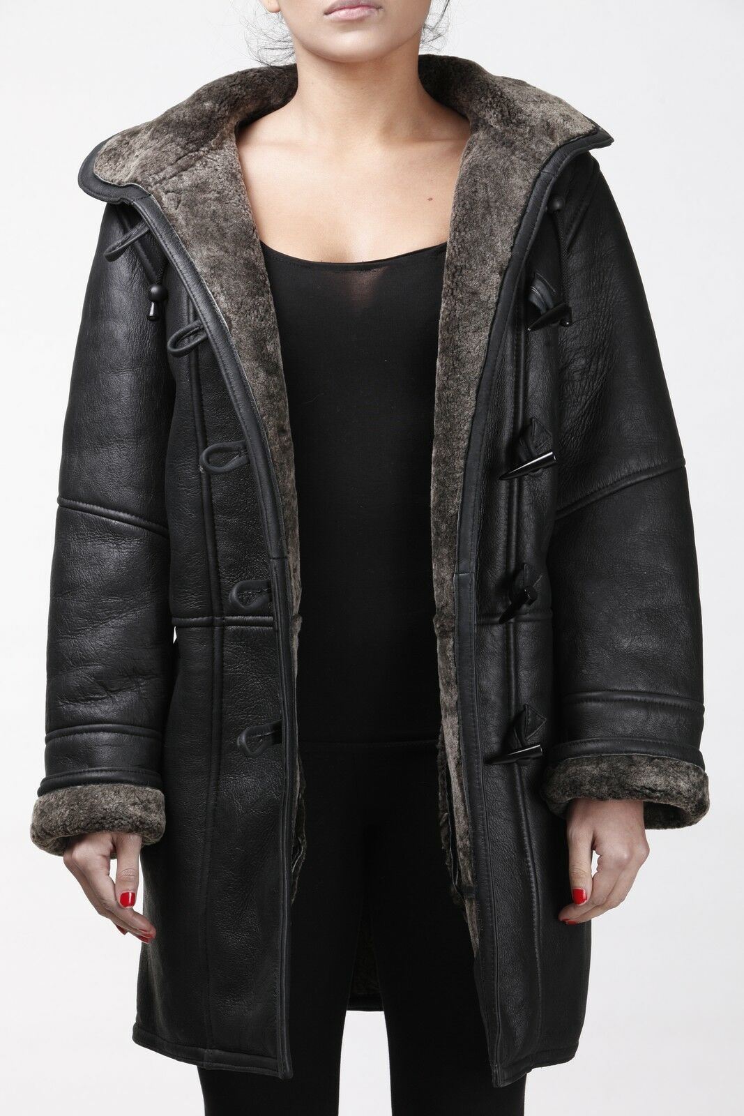Womens Black Shearling Hooded Duffle Coat-Royston